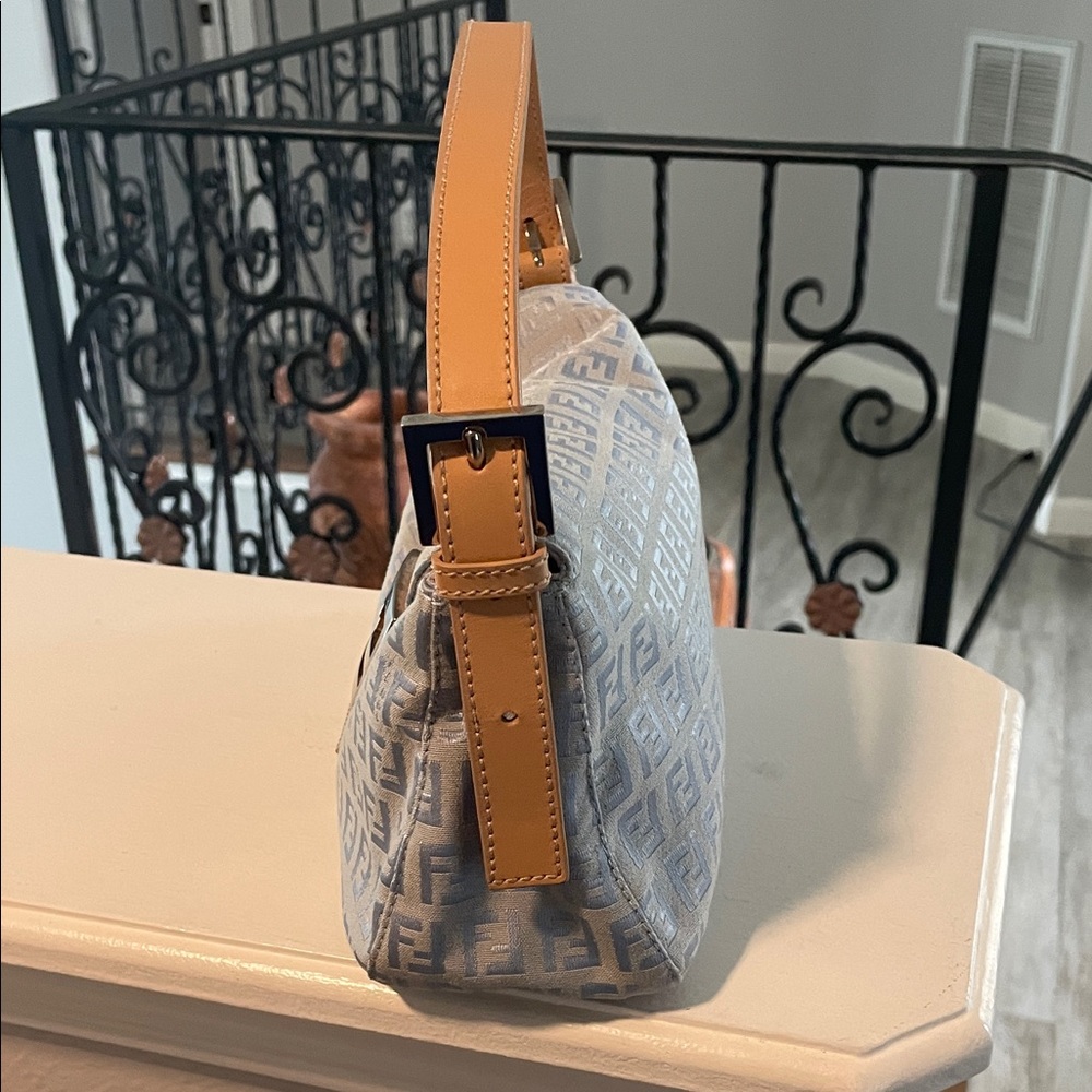 Fendi Light Blue Monogram Shoulder Bag with Tan Leather Strap -Zucchino - Picture 5 of 15